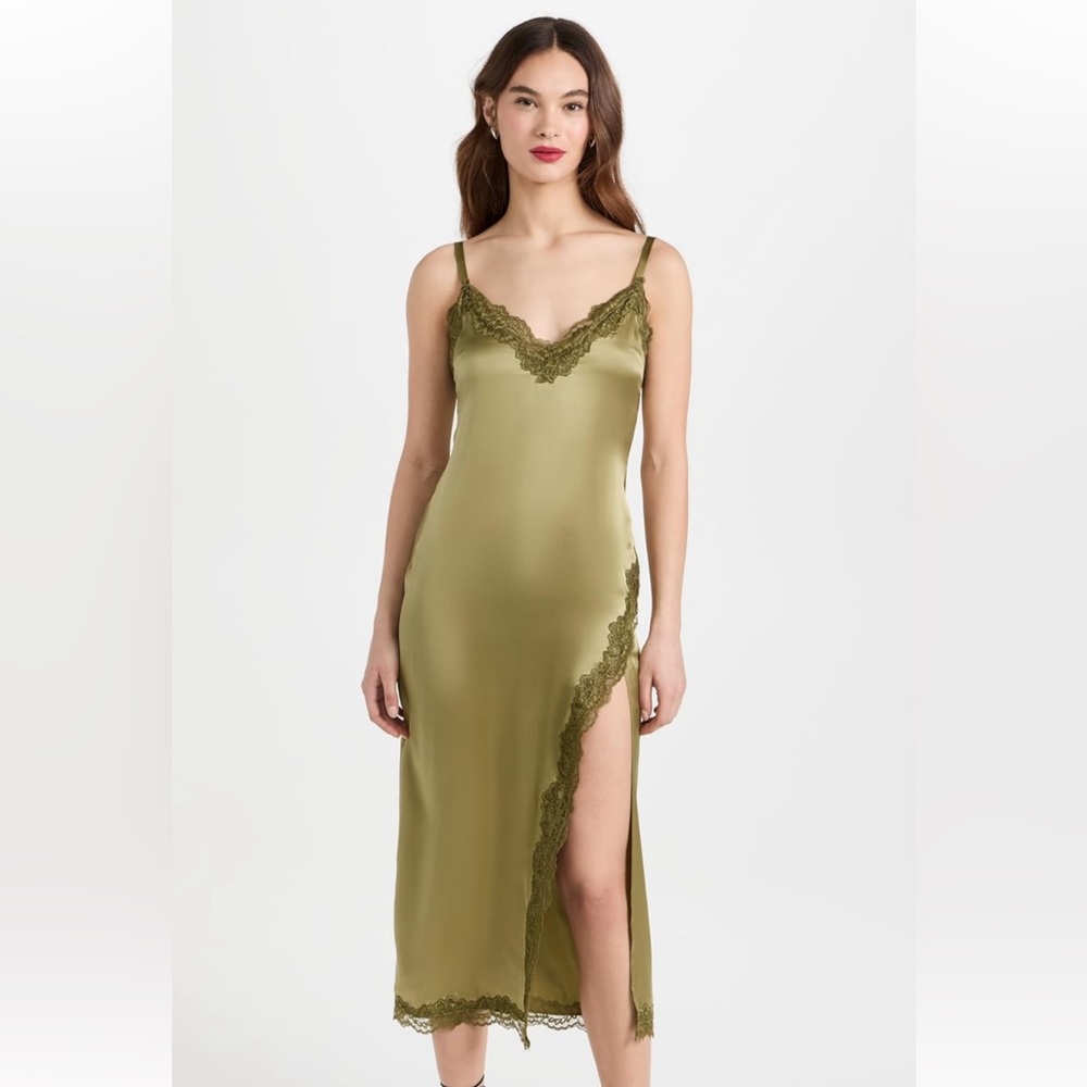 Reformation Olive Green Lace-Trim Slip Midi Dress